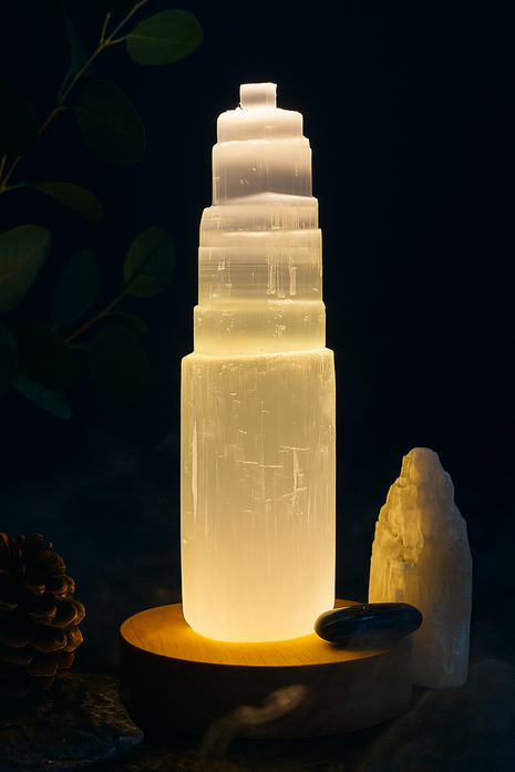 Selenite Crystal Tower with Wooden LED Base | 15cm Crystal | USB Powered
