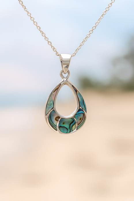 Sterling Silver Large Abalone Shell Pendant Necklace – 18” Trace Chain