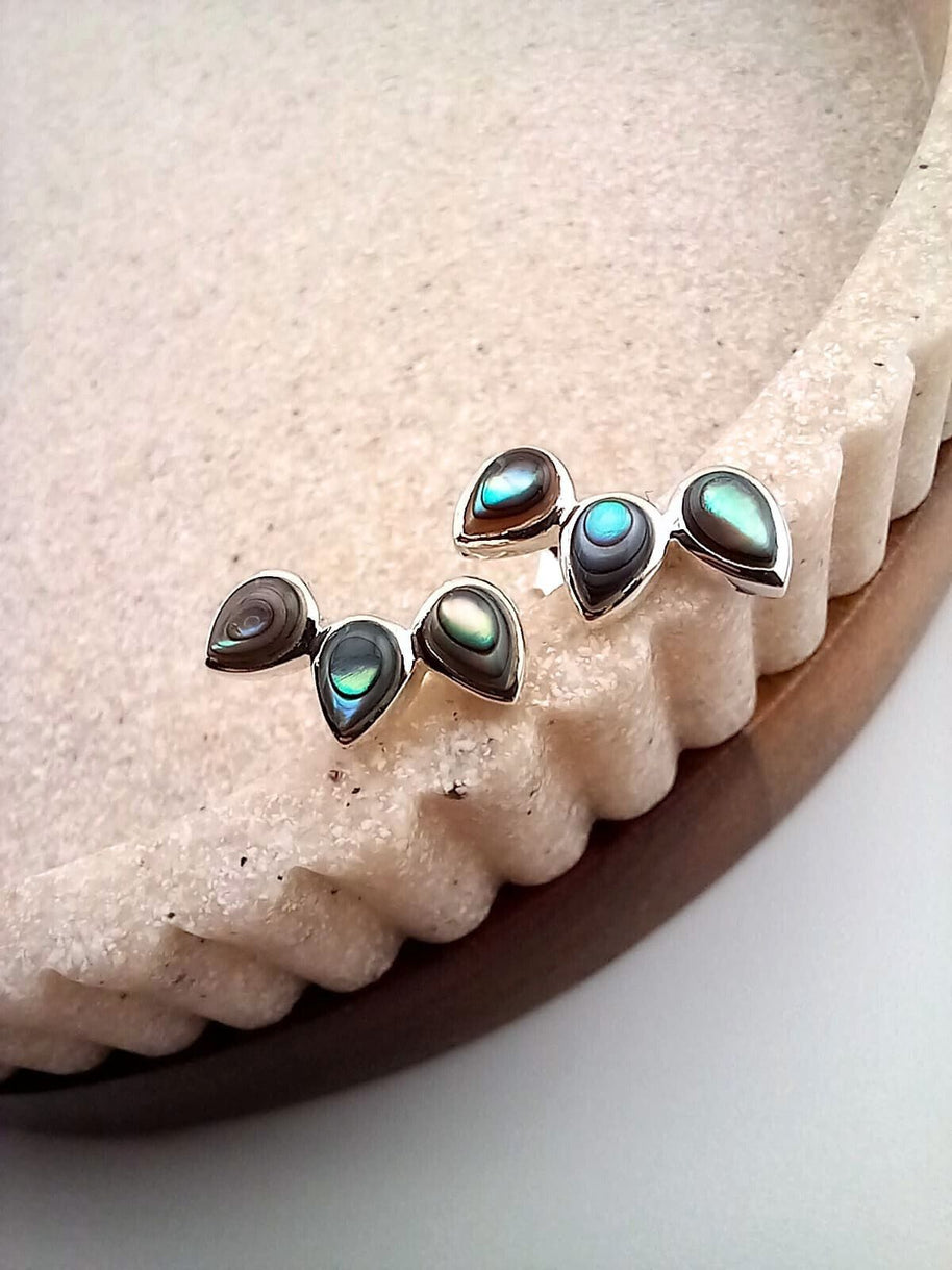 Sterling Silver Abalone Three Stone Stud Earrings