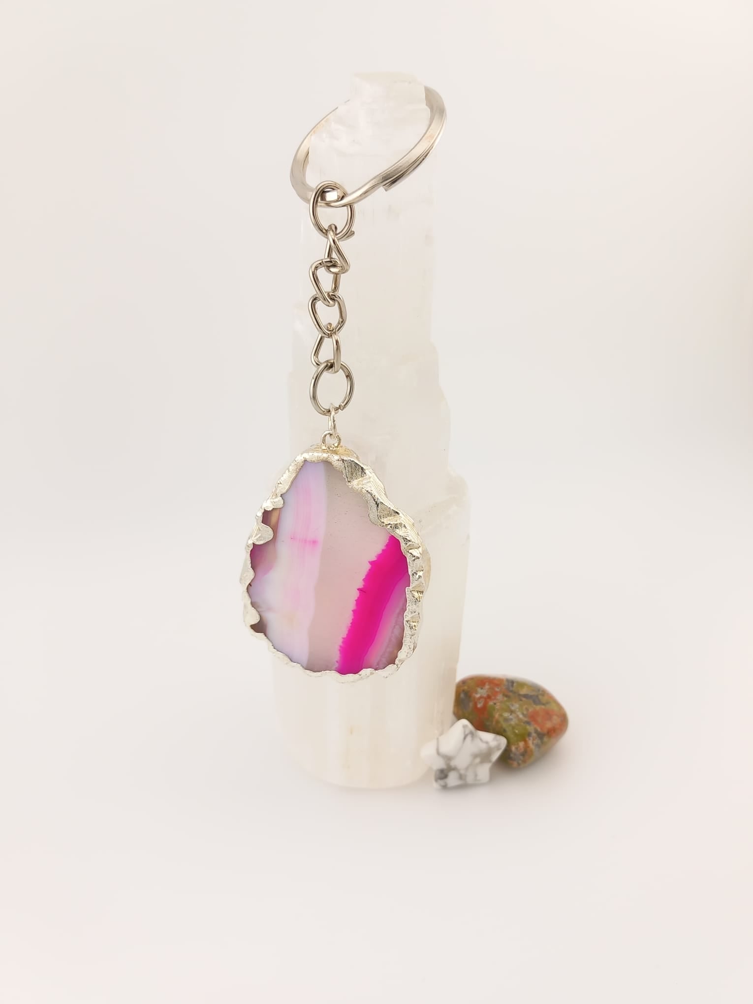 Pink Agate Slice Keyring