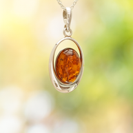 Sterling Silver Amber Oval Cabochon Pendant Necklace – 18” Trace Chain