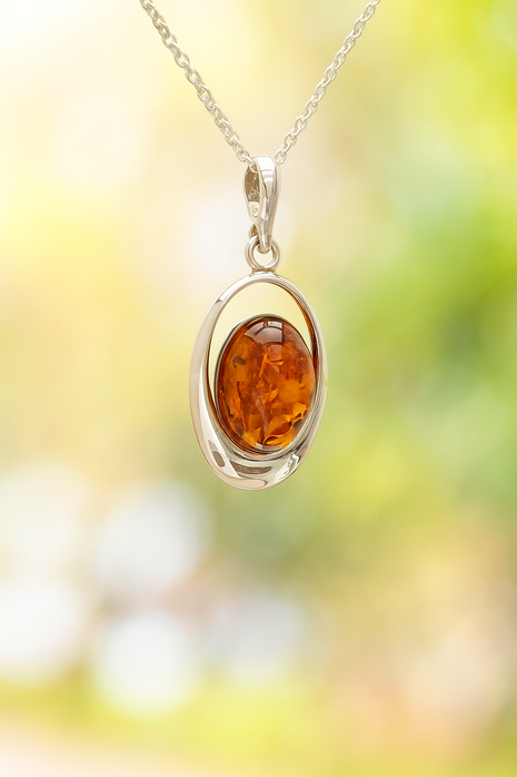 Sterling Silver Amber Oval Cabochon Pendant Necklace – 18” Trace Chain