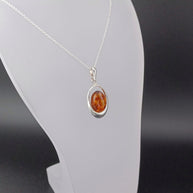Sterling Silver Amber Oval Cabochon Pendant Necklace – 18” Trace Chain