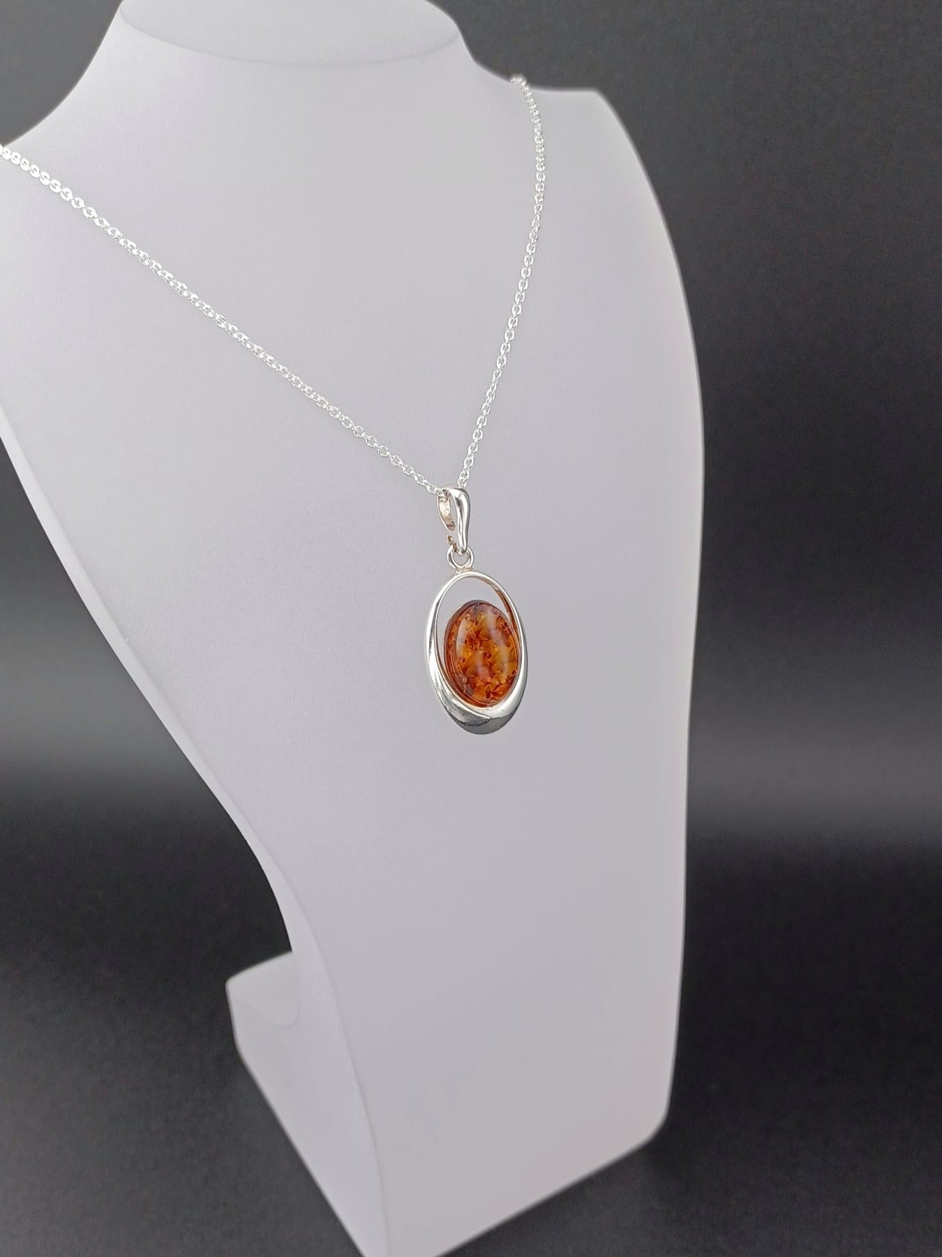 Sterling Silver Amber Oval Cabochon Pendant Necklace – 18” Trace Chain