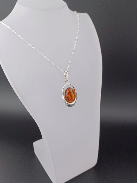 Sterling Silver Amber Oval Cabochon Pendant Necklace – 18” Trace Chain