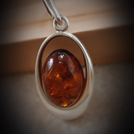 Sterling Silver Amber Oval Cabochon Pendant Necklace – 18” Trace Chain