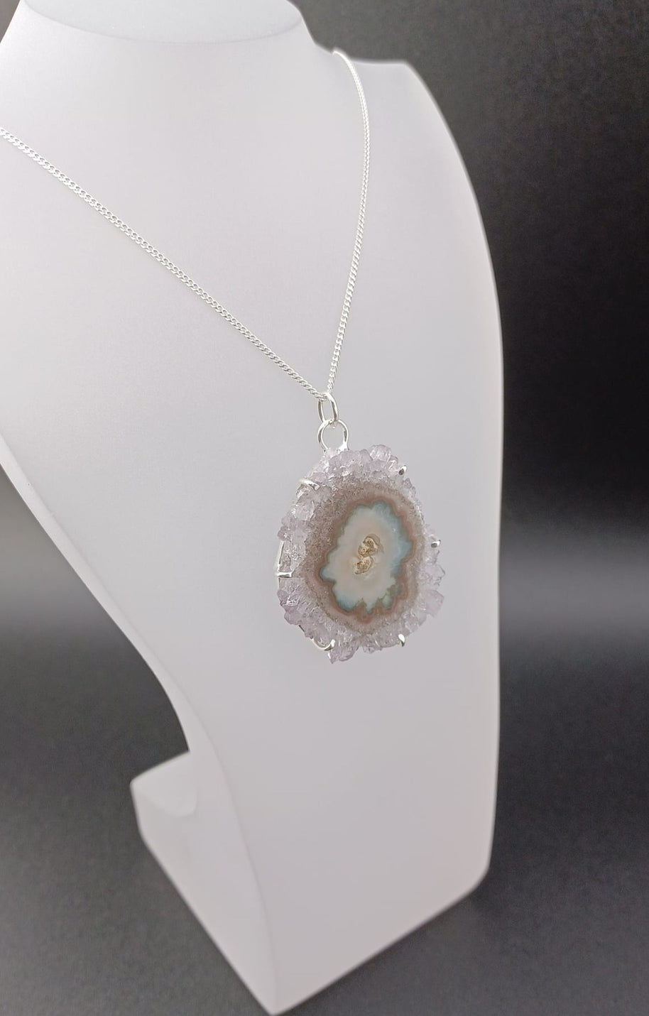 Sterling Silver Amethyst Druzy Stalactite Pendant Necklace – 18” Curb Chain