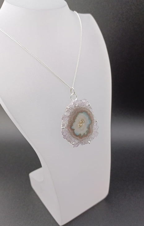 Sterling Silver Amethyst Druzy Stalactite Pendant Necklace – 18” Curb Chain