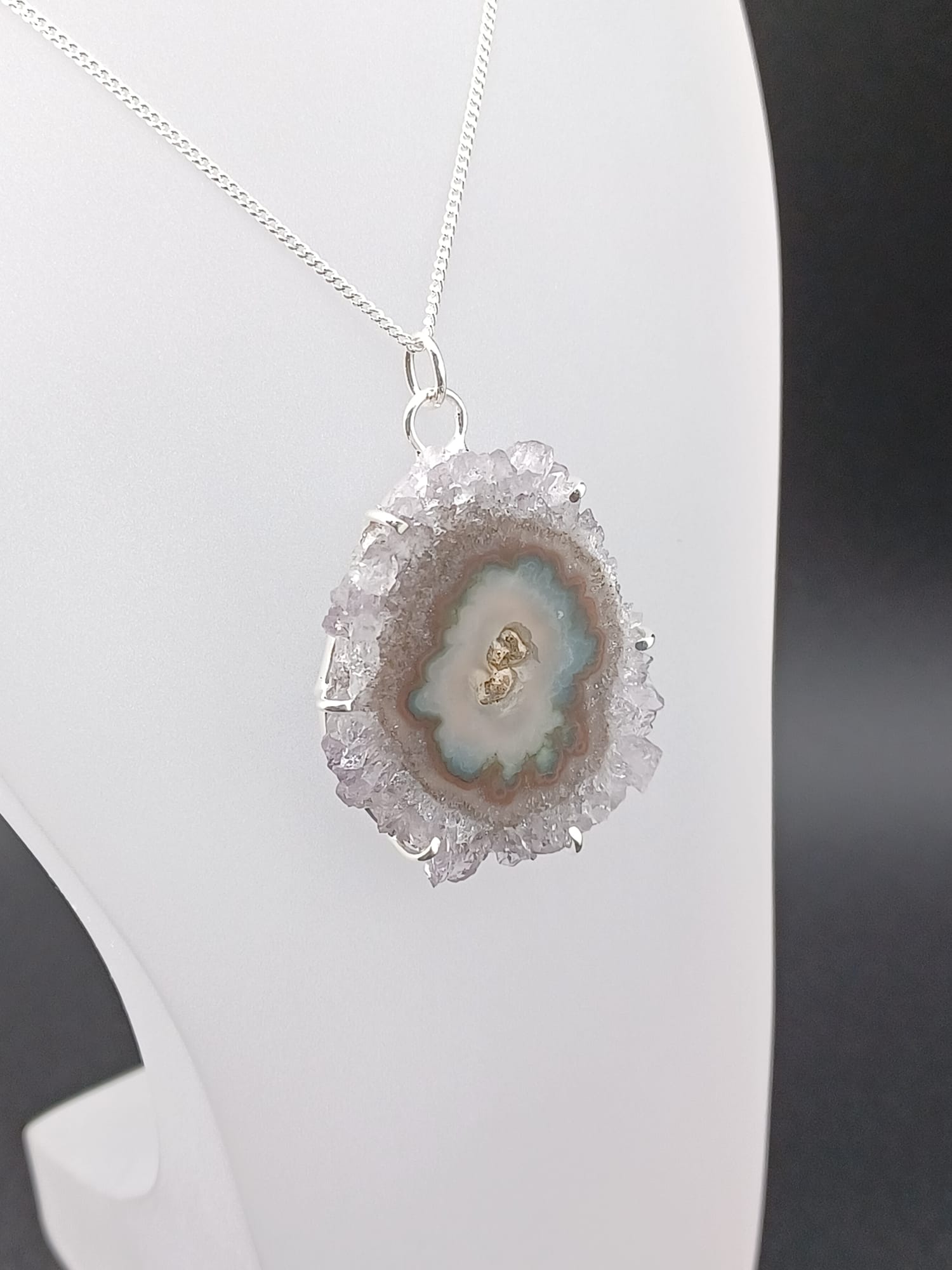 Sterling Silver Amethyst Druzy Stalactite Pendant Necklace – 18” Curb Chain