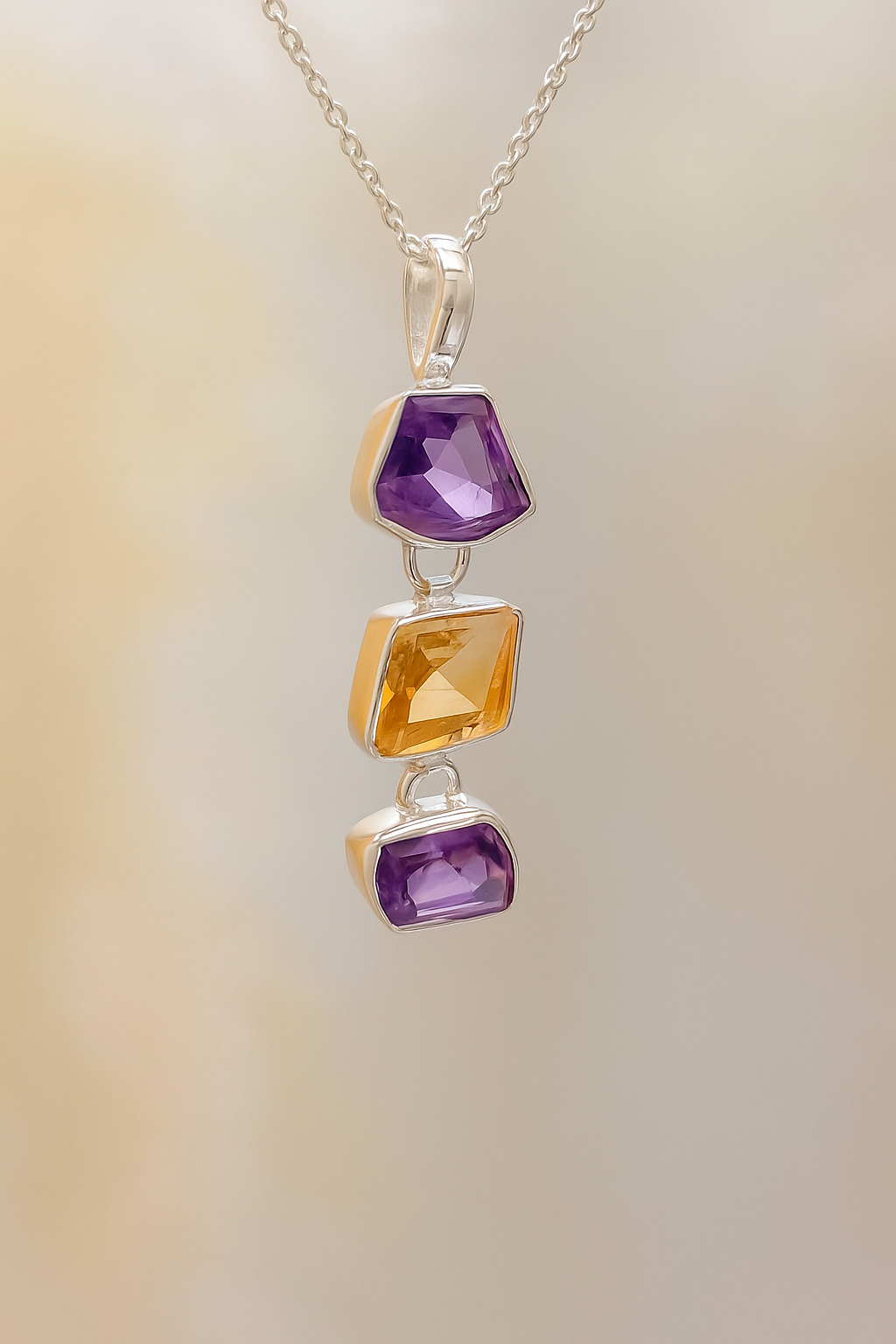 Sterling Silver Amethyst & Citrine Geometric Pendant Necklace – 18” Trace Chain