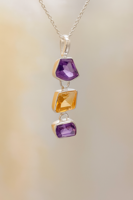Sterling Silver Amethyst & Citrine Geometric Pendant Necklace – 18” Trace Chain