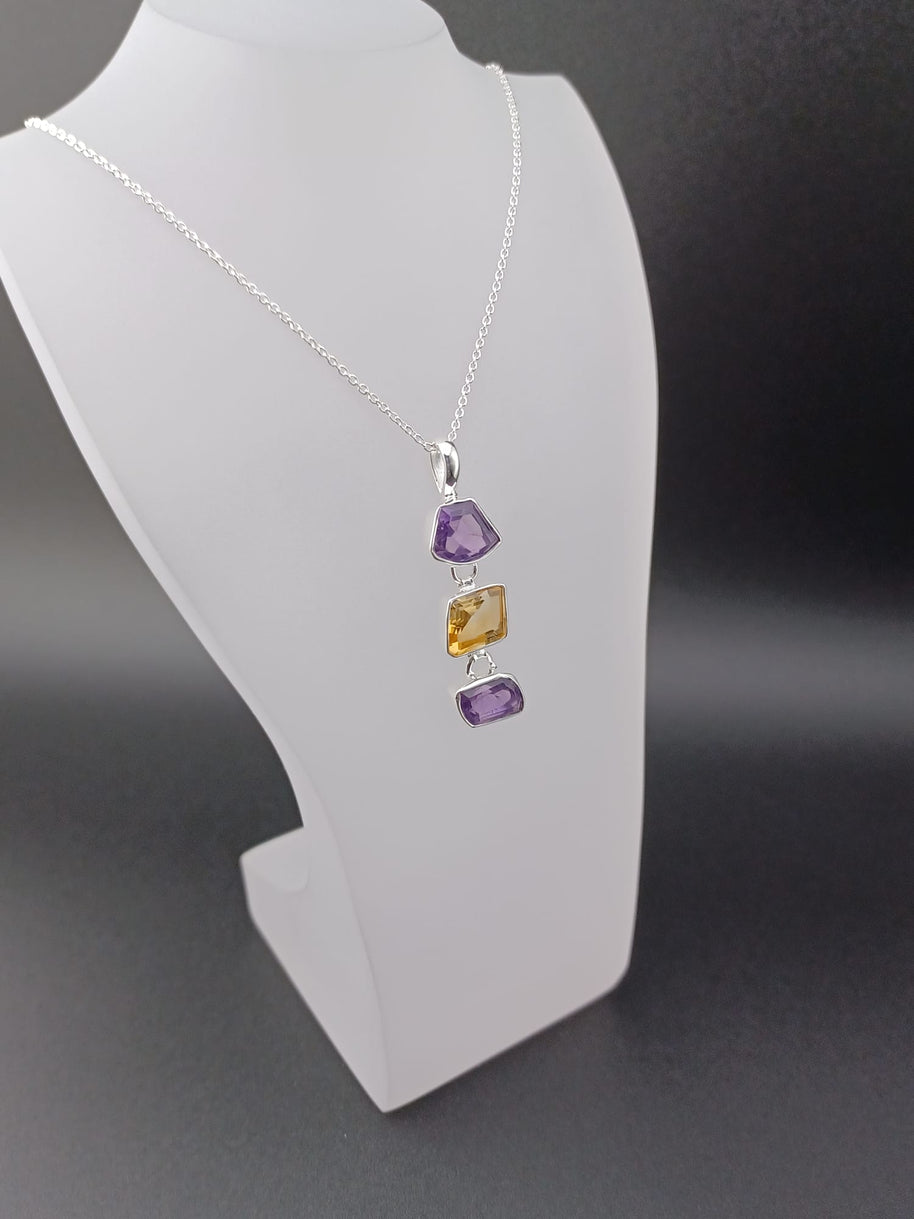 Sterling Silver Amethyst & Citrine Geometric Pendant Necklace – 18” Trace Chain