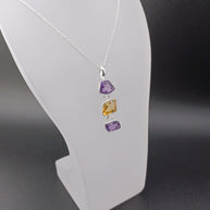 Sterling Silver Amethyst & Citrine Geometric Pendant Necklace – 18” Trace Chain