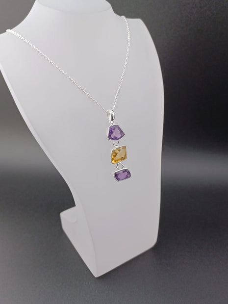 Sterling Silver Amethyst & Citrine Geometric Pendant Necklace – 18” Trace Chain