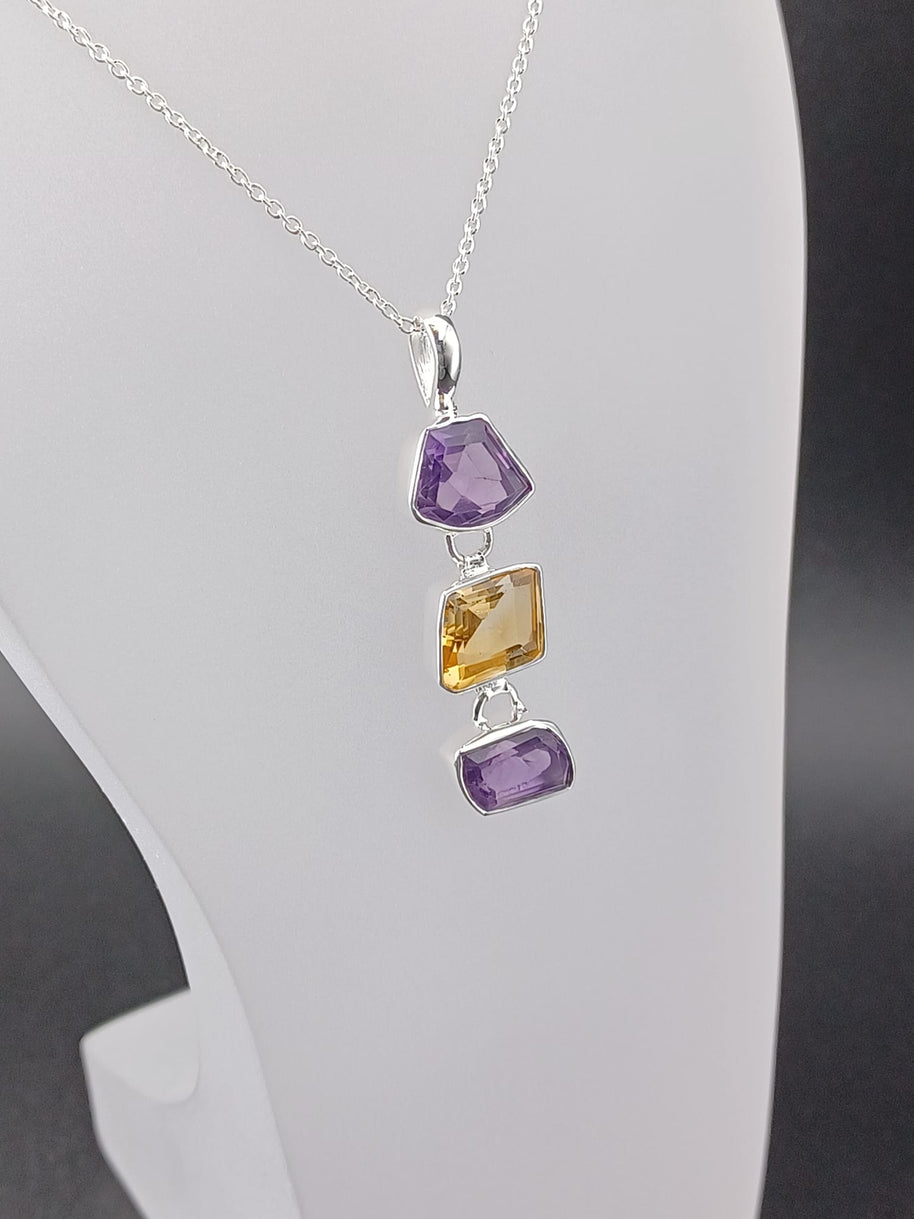 Sterling Silver Amethyst & Citrine Geometric Pendant Necklace – 18” Trace Chain