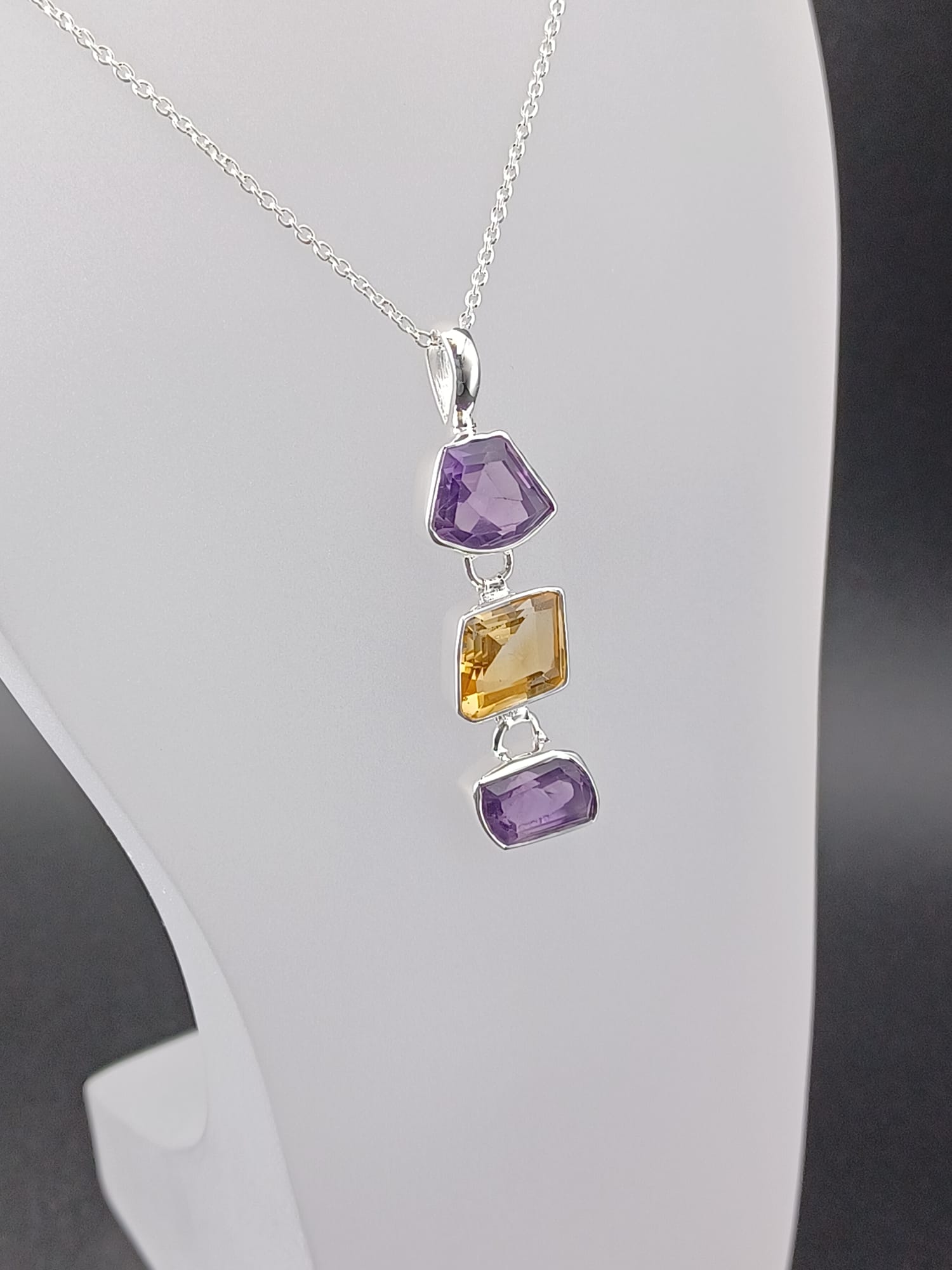 Sterling Silver Amethyst & Citrine Geometric Pendant Necklace – 18” Trace Chain