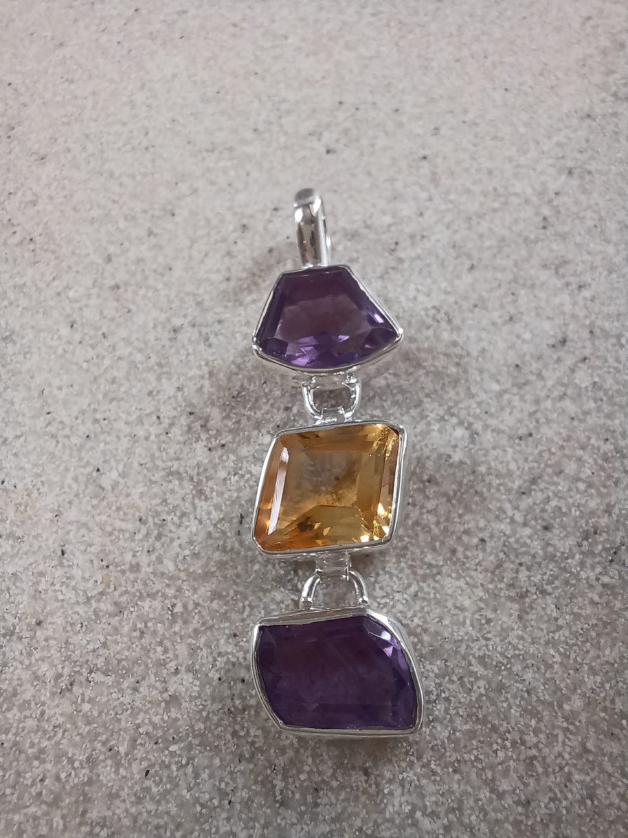 Sterling Silver Amethyst & Citrine Geometric Pendant Necklace – 18” Trace Chain