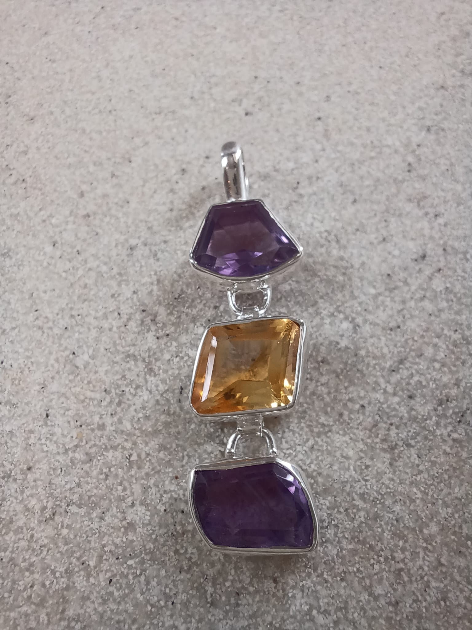Sterling Silver Amethyst & Citrine Geometric Pendant Necklace – 18” Trace Chain