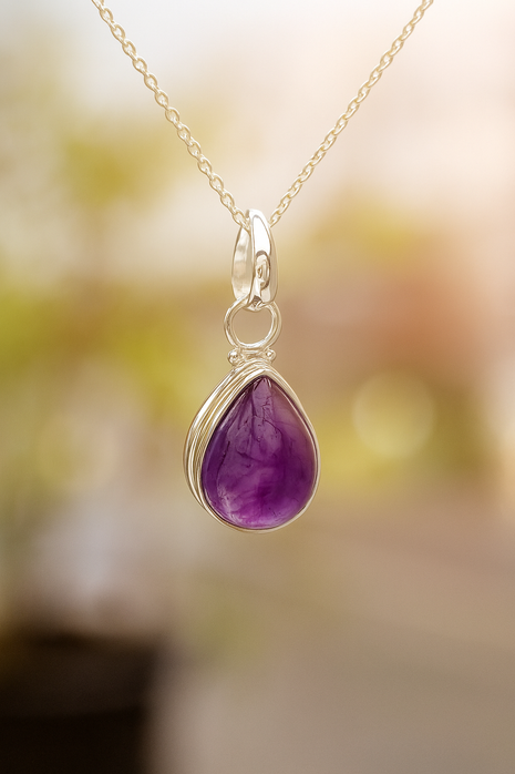 Sterling Silver Amethyst Teardrop Pendant Necklace – 18” Trace Chain