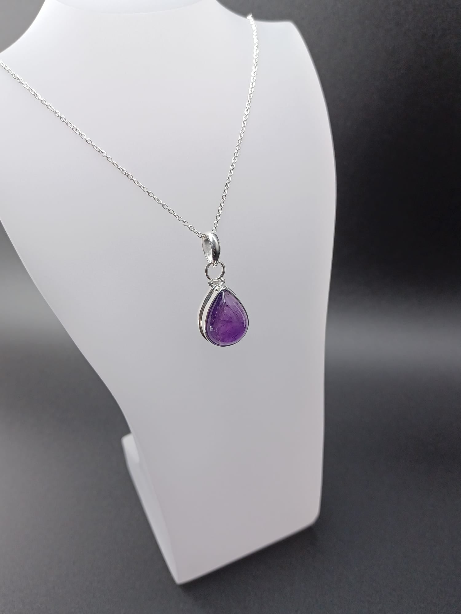Sterling Silver Amethyst Teardrop Pendant Necklace – 18” Trace Chain