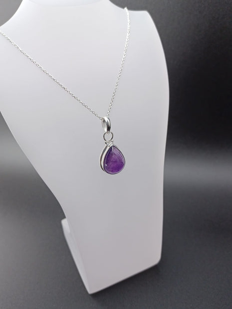 Sterling Silver Amethyst Teardrop Pendant Necklace – 18” Trace Chain