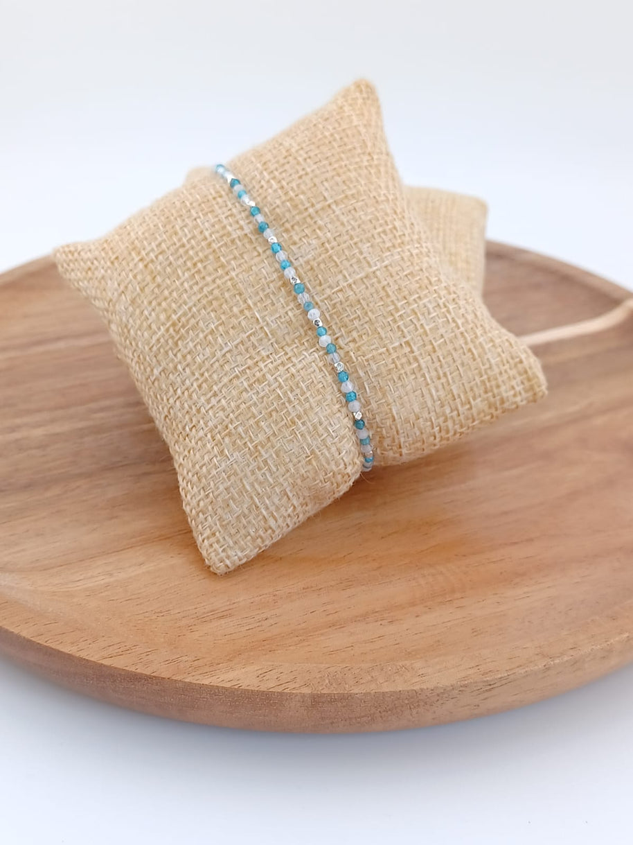 Blue Apatite and Rainbow Moonstone Adjustable Sterling Silver Bracelet