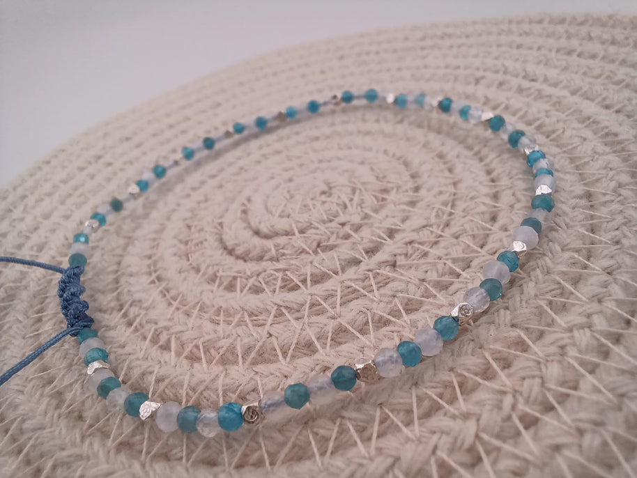 Blue Apatite and Rainbow Moonstone Adjustable Sterling Silver Bracelet