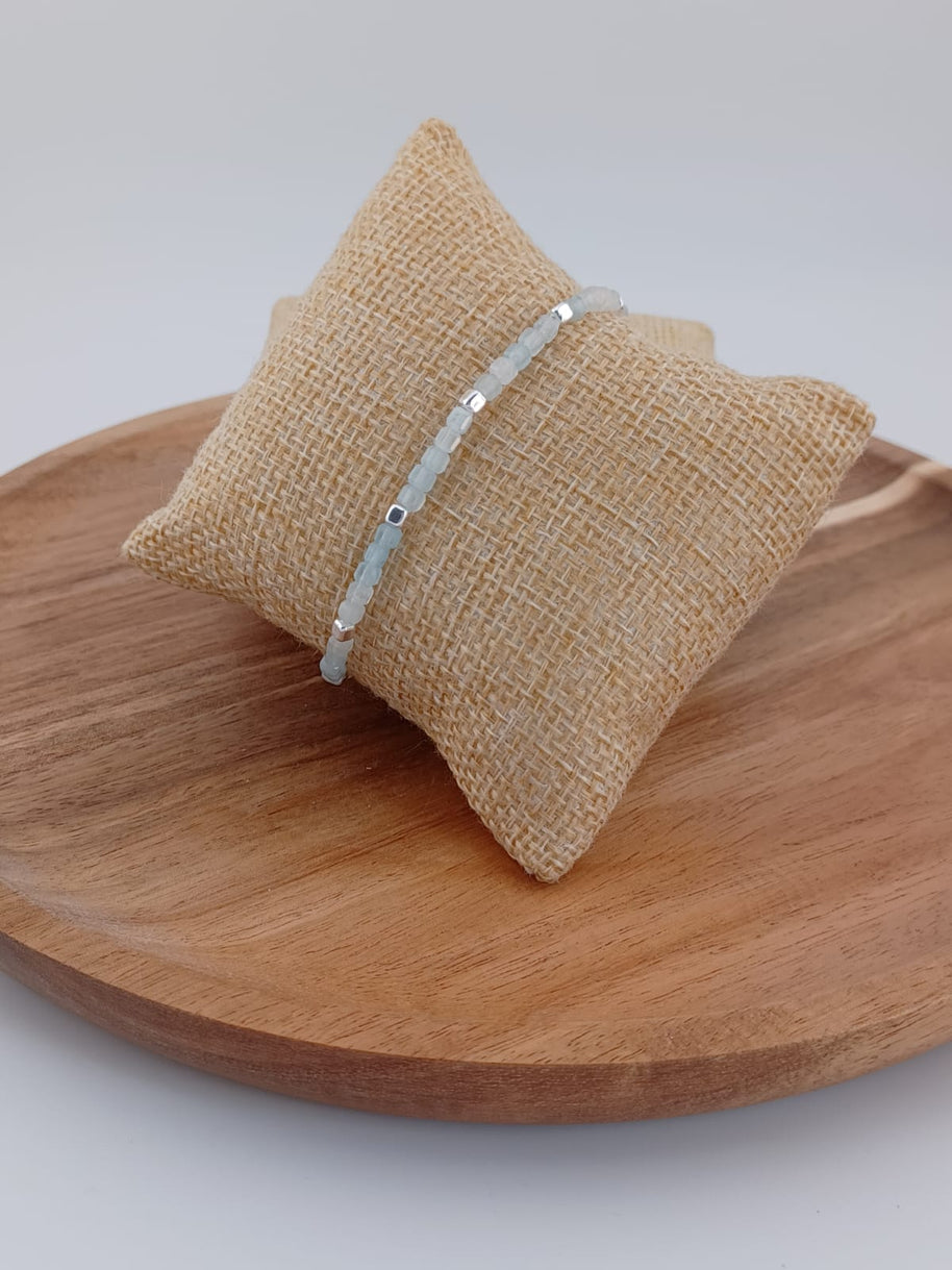Aquamarine and Sterling Silver Square Bead Bracelet