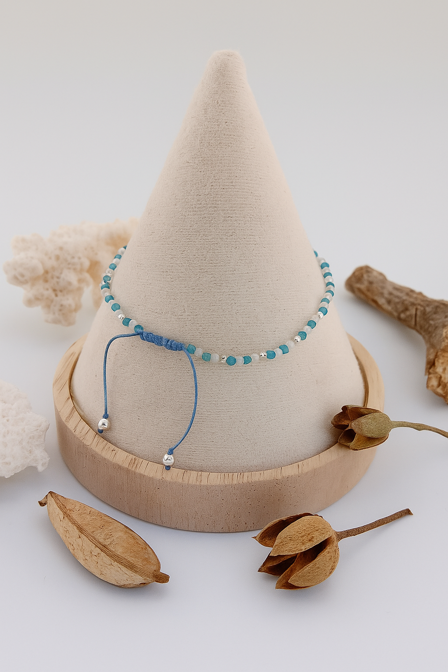 Blue Apatite and Rainbow Moonstone Adjustable Sterling Silver Bracelet