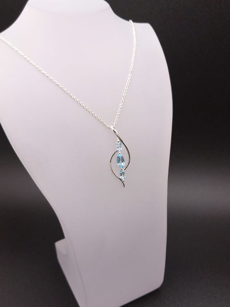 Sterling Silver Double Curve Blue Topaz Pendant Necklace – 18” Trace Chain