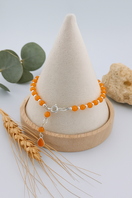 Carnelian and Sterling Silver Bead Bracelet with Teardrop Accent