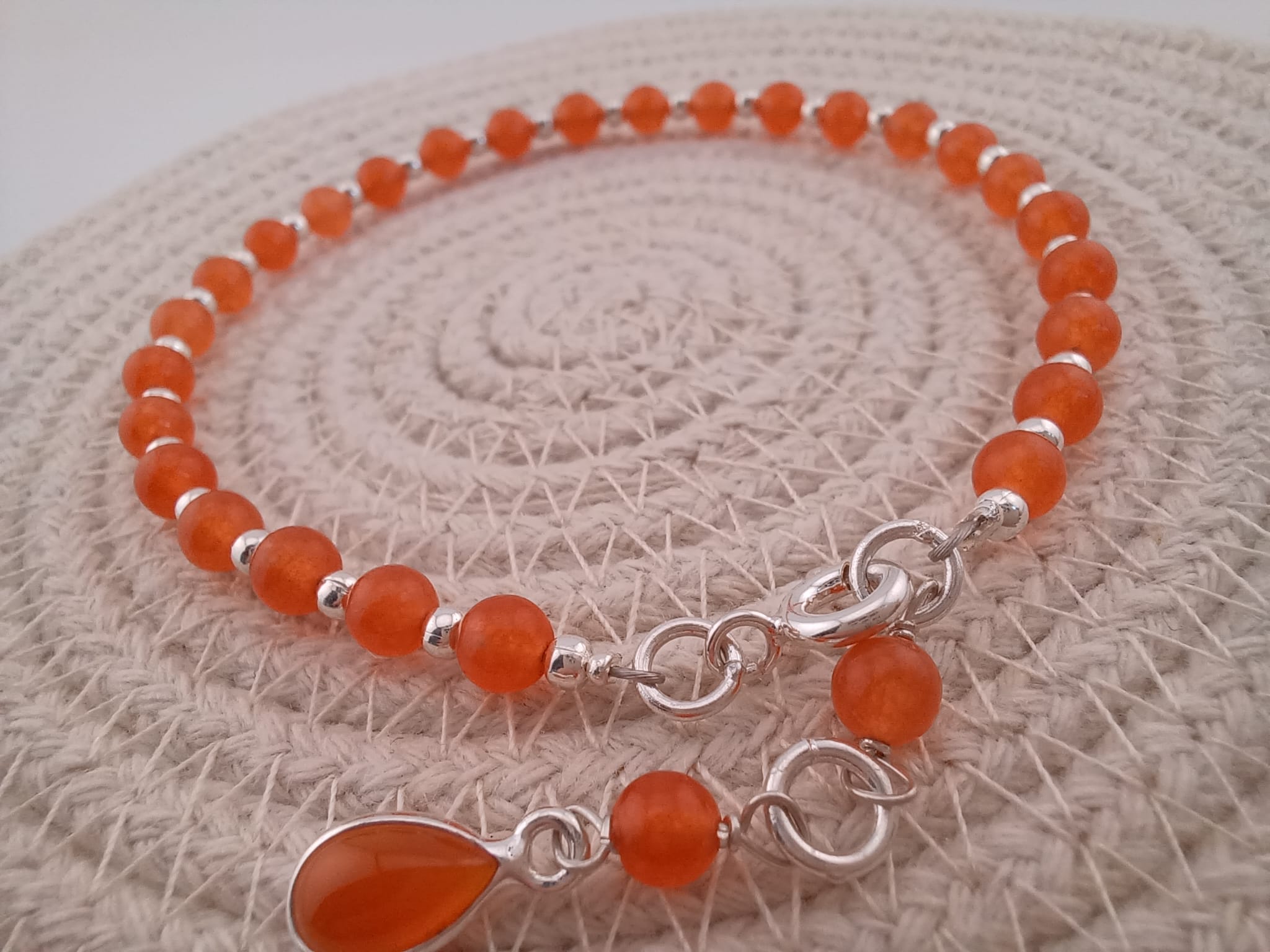Carnelian and Sterling Silver Bead Bracelet with Teardrop Accent