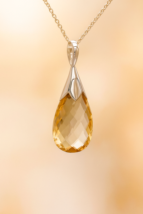 Sterling Silver Large Faceted Citrine Drop Pendant Necklace – 18” Trace Chain