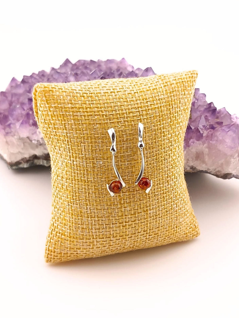 Sterling Silver Cognac Amber Drop Stud Earrings