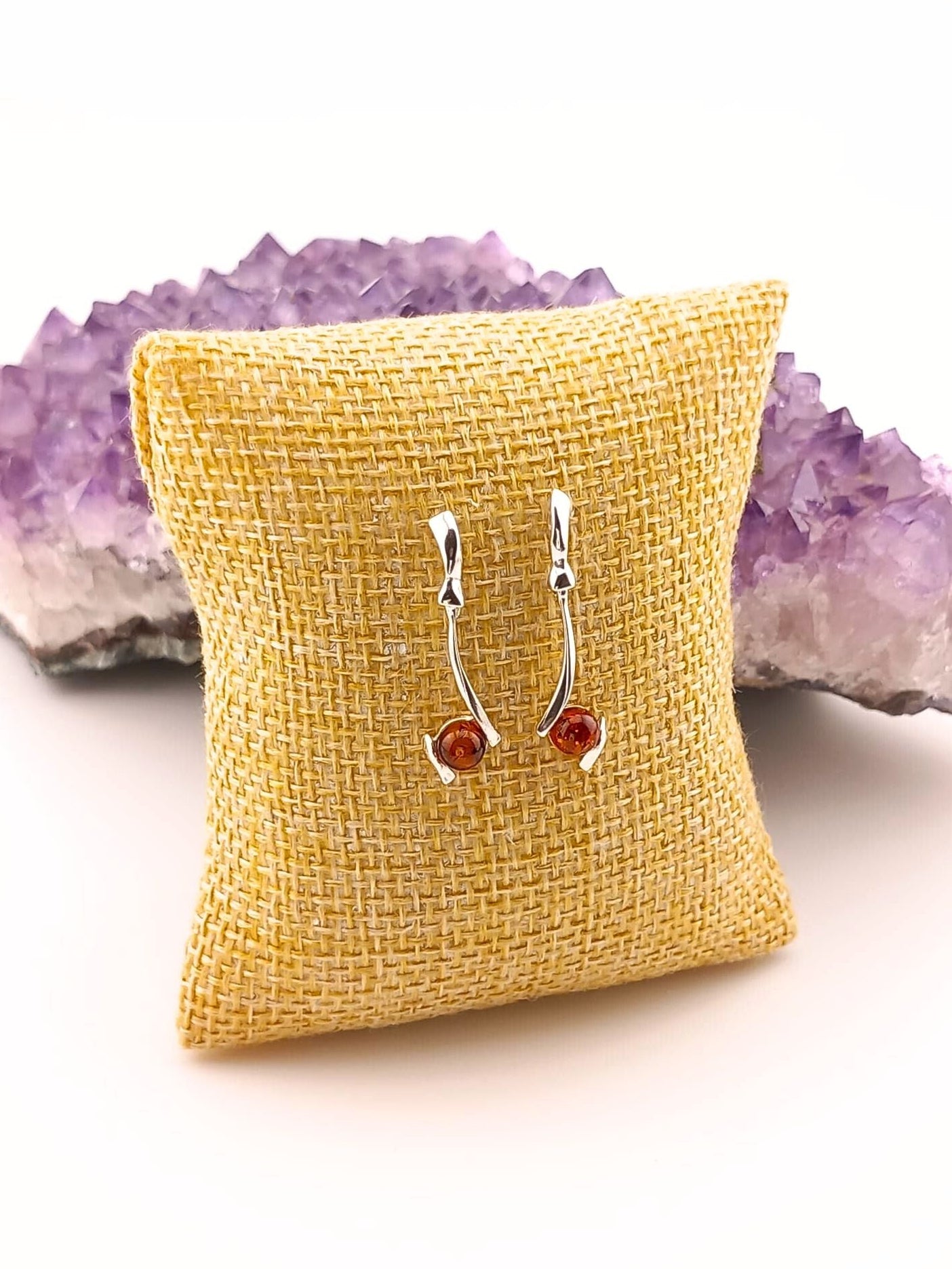 Sterling Silver Cognac Amber Drop Stud Earrings