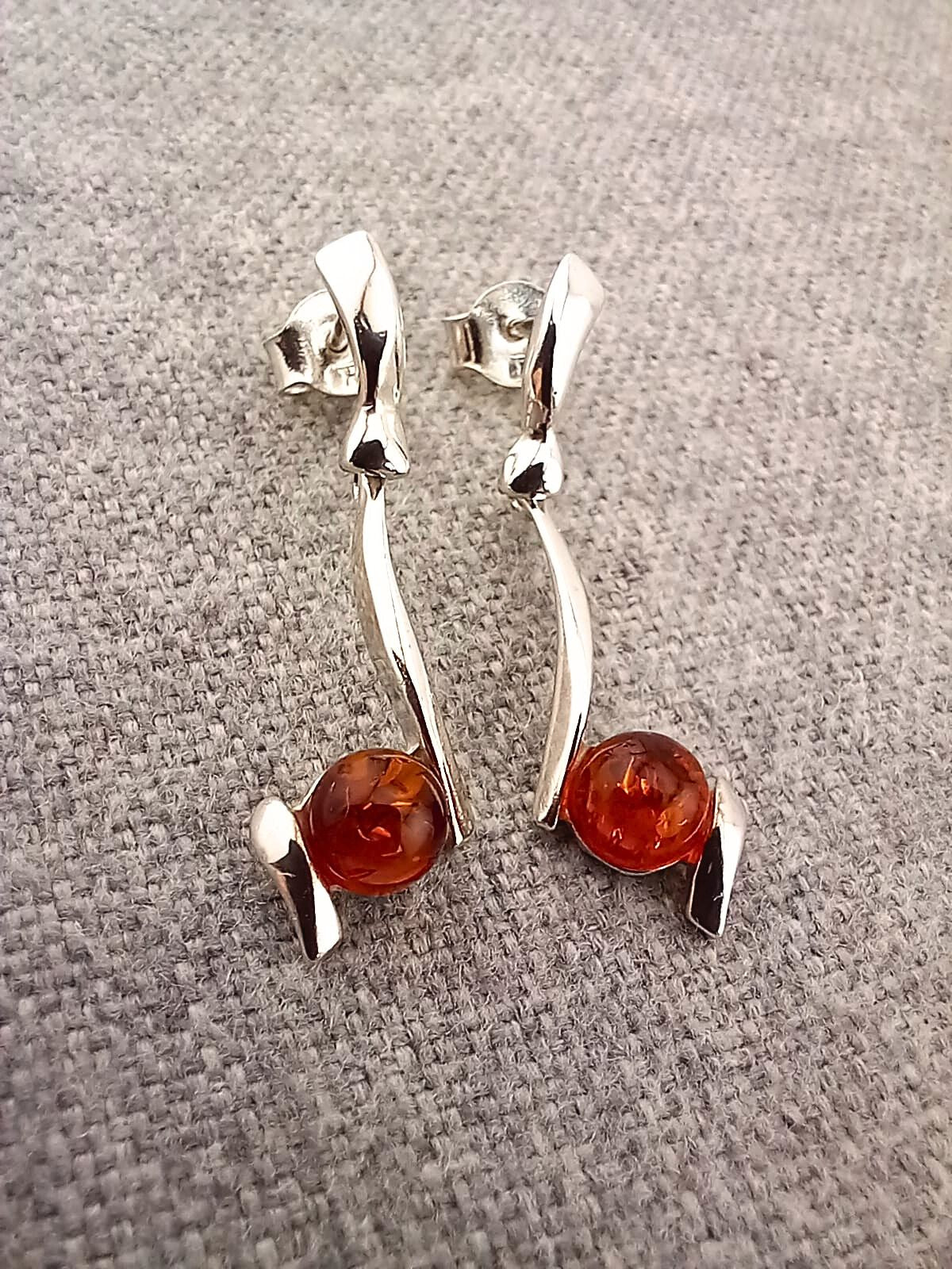 Sterling Silver Cognac Amber Drop Stud Earrings