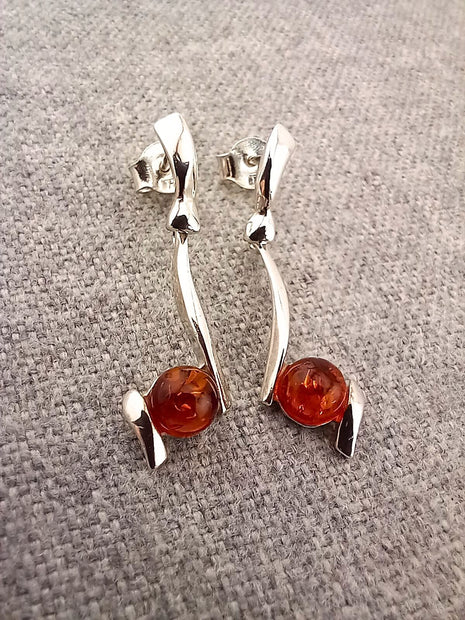 Sterling Silver Cognac Amber Drop Stud Earrings
