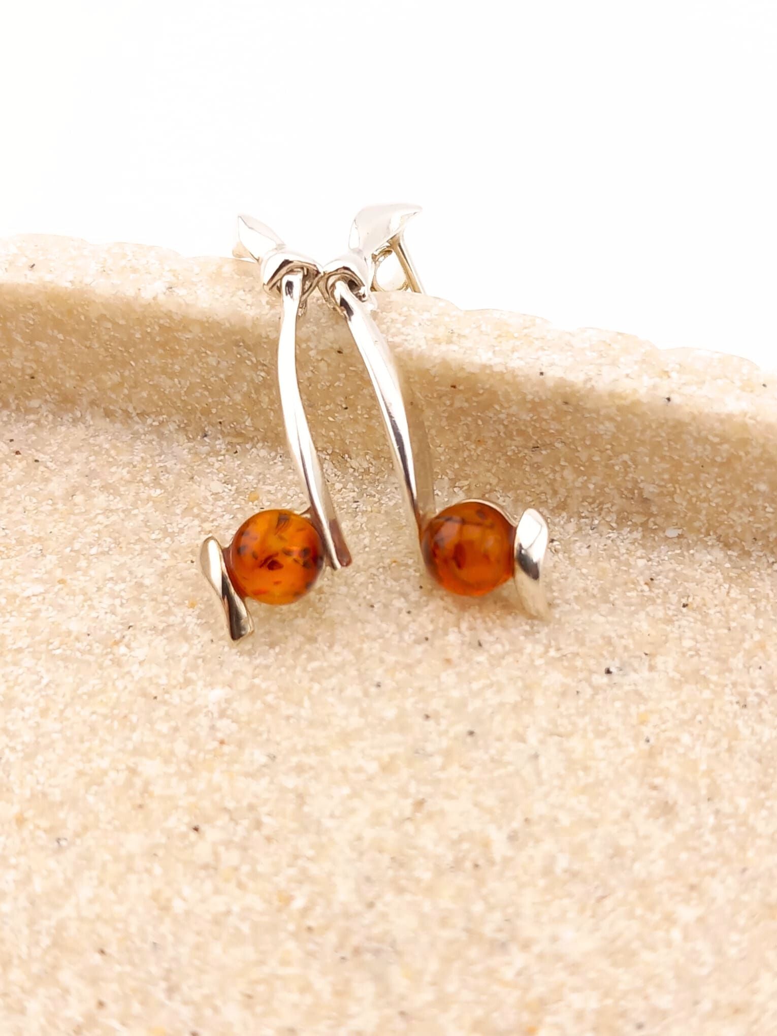Sterling Silver Cognac Amber Drop Stud Earrings
