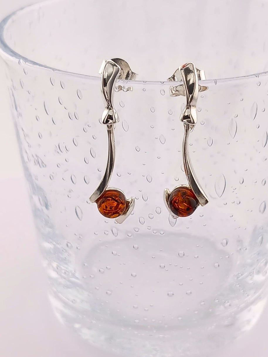 Sterling Silver Cognac Amber Drop Stud Earrings
