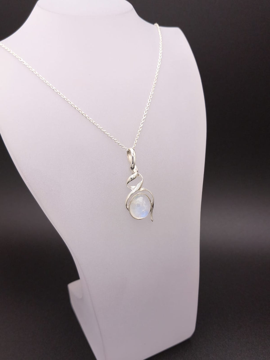 Sterling Silver Double Helix Moonstone Pendant - 18” Trace Chain
