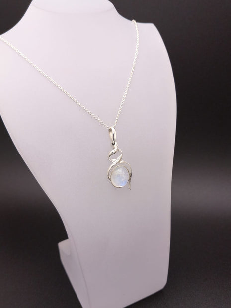 Sterling Silver Double Helix Moonstone Pendant - 18” Trace Chain