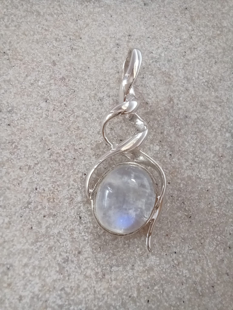 Sterling Silver Double Helix Moonstone Pendant - 18” Trace Chain