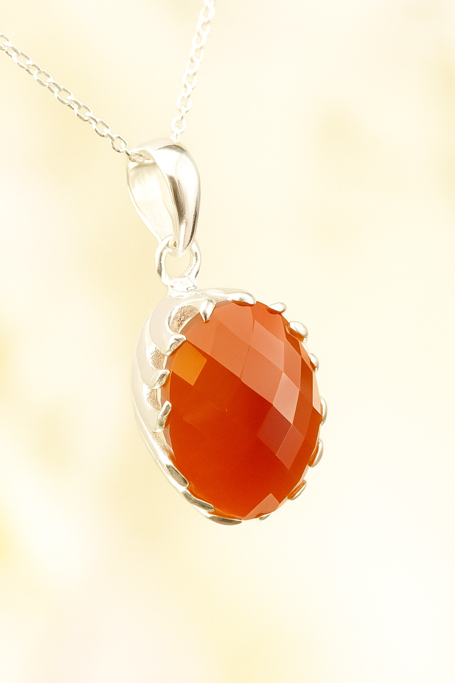 Sterling Silver Faceted Carnelian Pendant Necklace – 18” Trace Chain