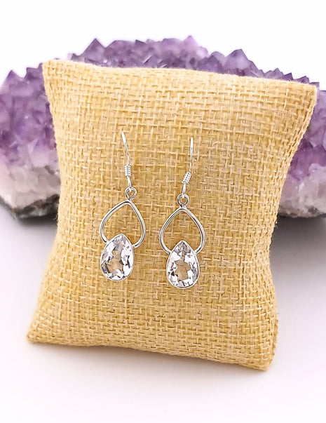 Sterling Silver Faceted Clear Quartz Teardrop Drop Earrings