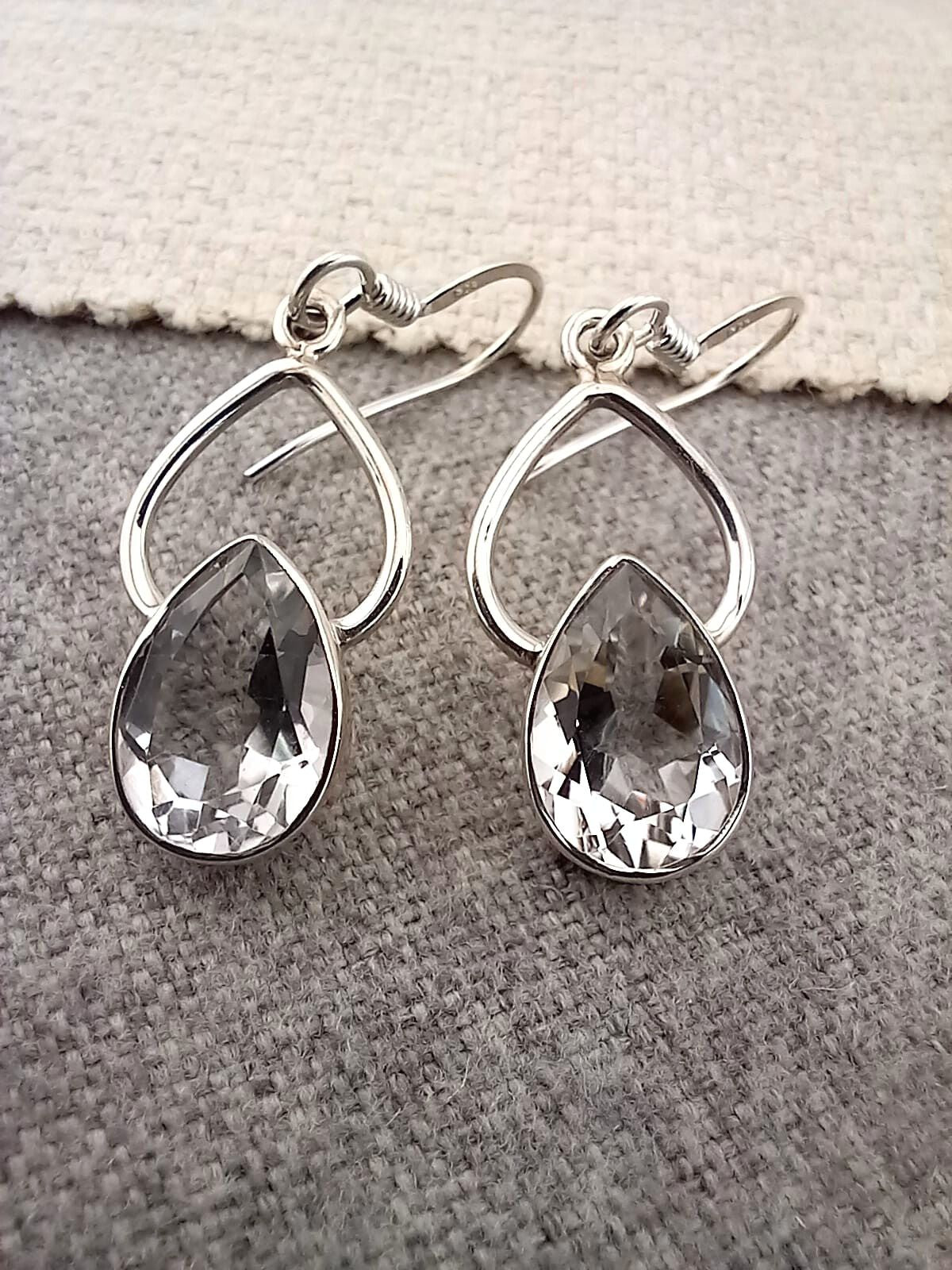 Sterling Silver Faceted Clear Quartz Teardrop Drop Earrings
