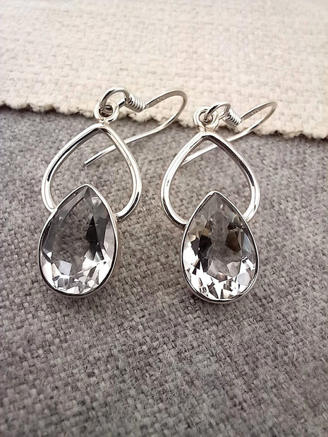 Sterling Silver Faceted Clear Quartz Teardrop Drop Earrings