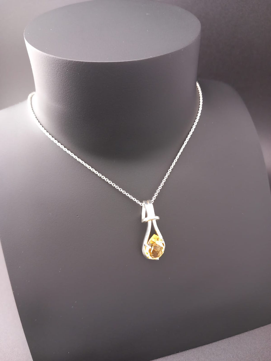 Sterling Silver Faceted Citrine Teardrop Pendant Necklace – 18” Trace Chain