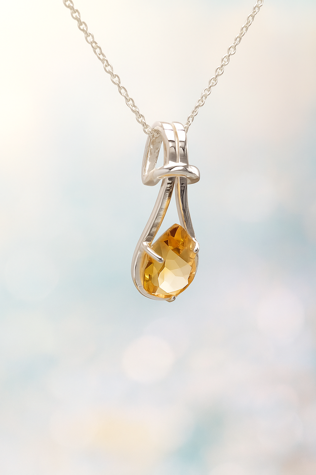 Sterling Silver Faceted Citrine Teardrop Pendant Necklace – 18” Trace Chain