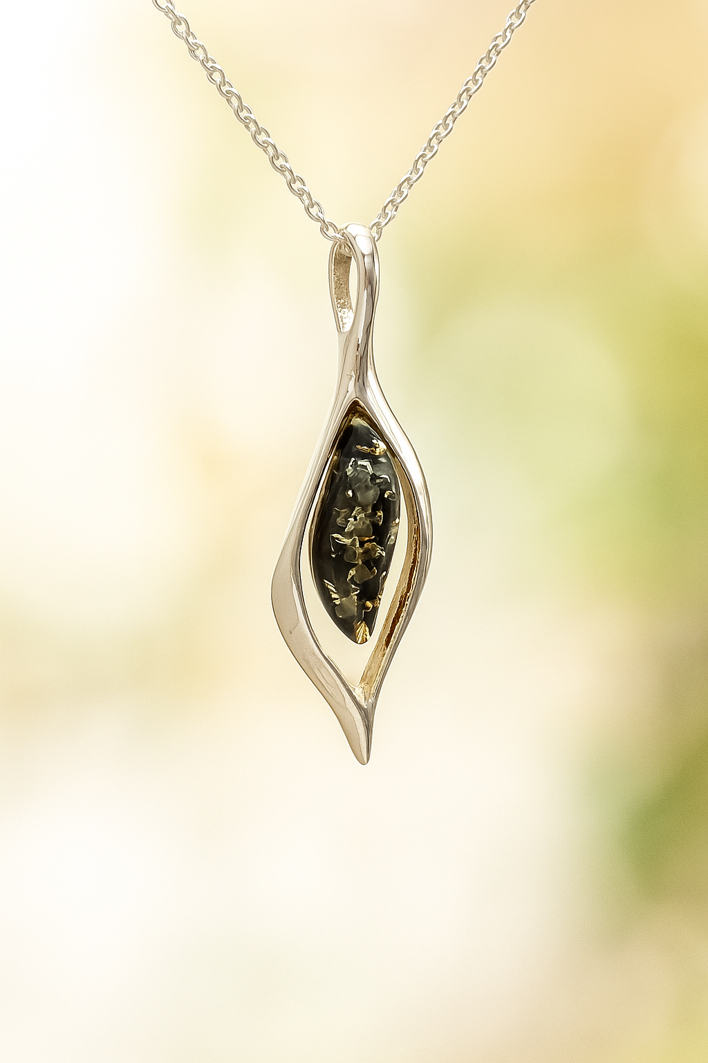 Sterling Silver Green Amber Flame Pendant Necklace – 18” Trace Chain