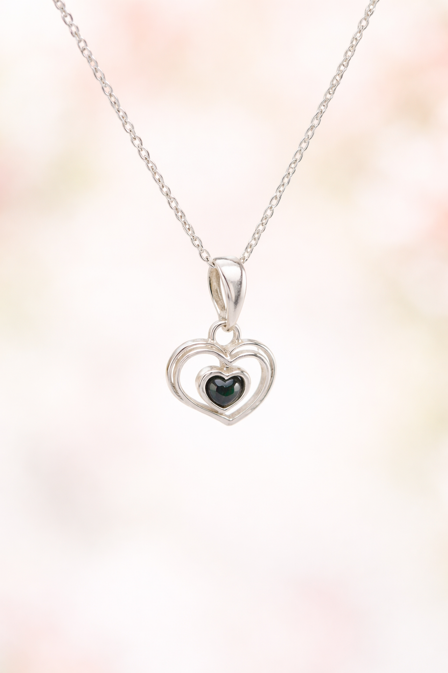 Sterling Silver Green Amber Heart Pendant Necklace – 18” Trace Chain